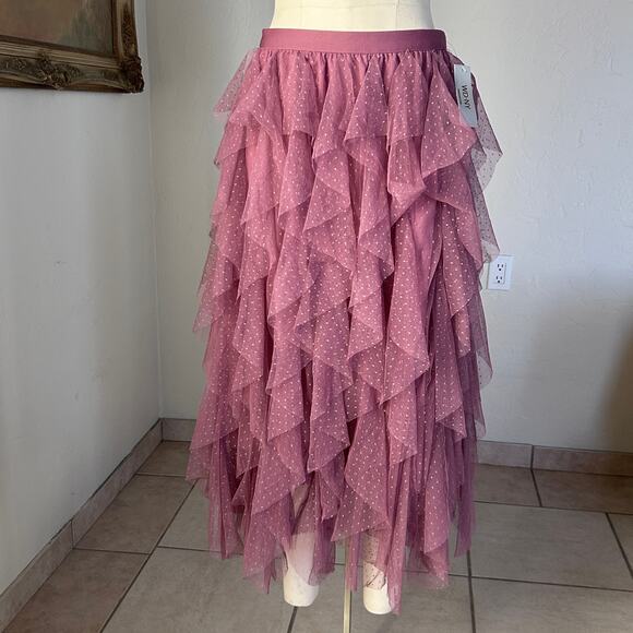 Fairycore Tulle Ruffle Midi Skirt Polka Dot Layered Mesh Pink L WD NY NWT - Picture 2 of 10